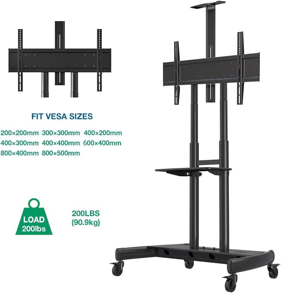 Black Steel Mobile TV Cart Stand with Adjustable Shelves