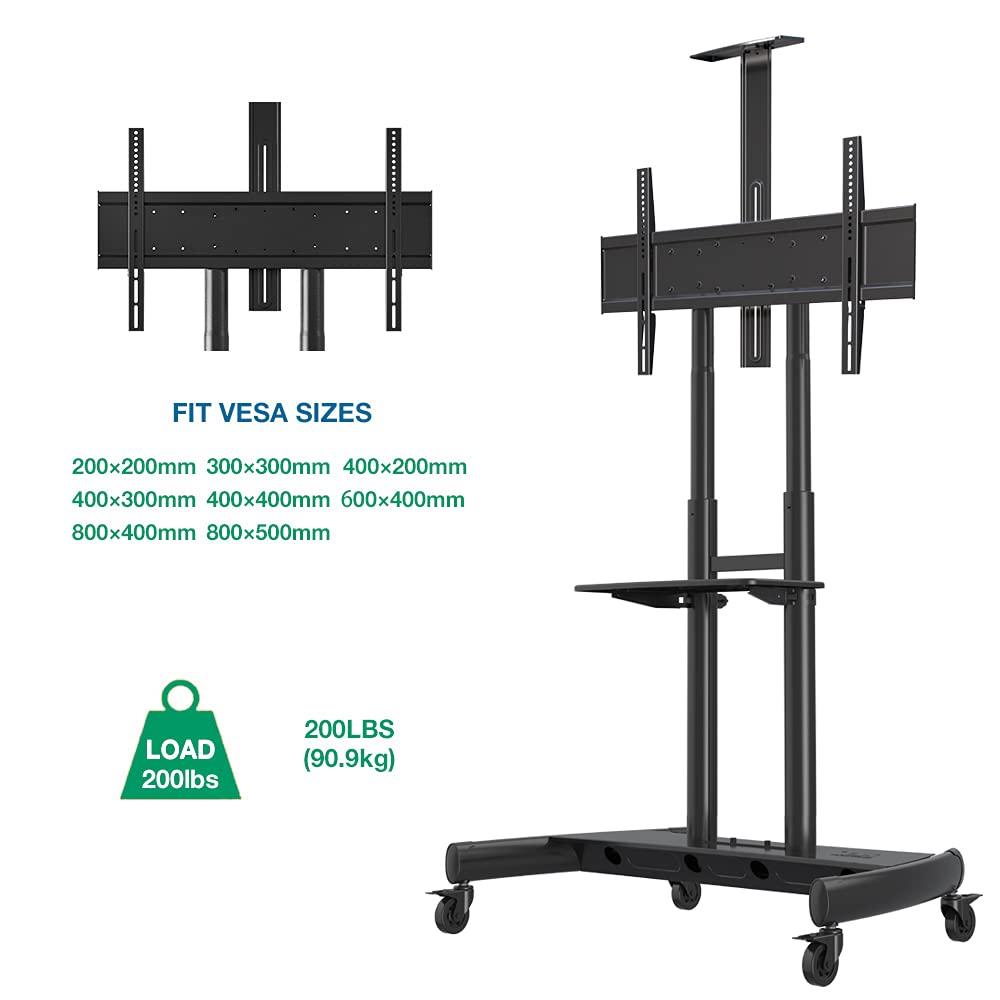 Black Steel Mobile TV Cart Stand with Adjustable Shelves