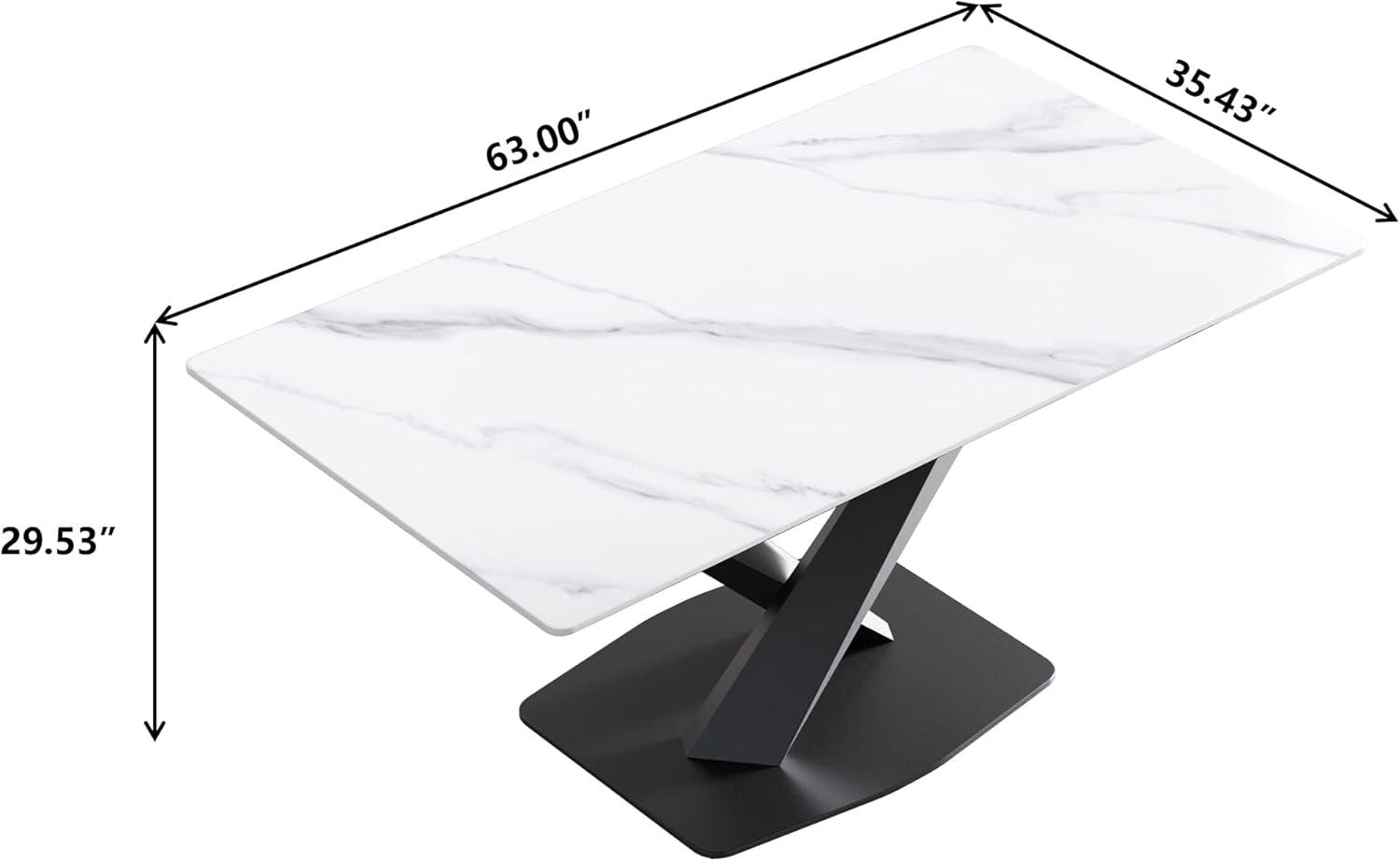 63'' White Sintered Stone Dining Table with Black Metal Base