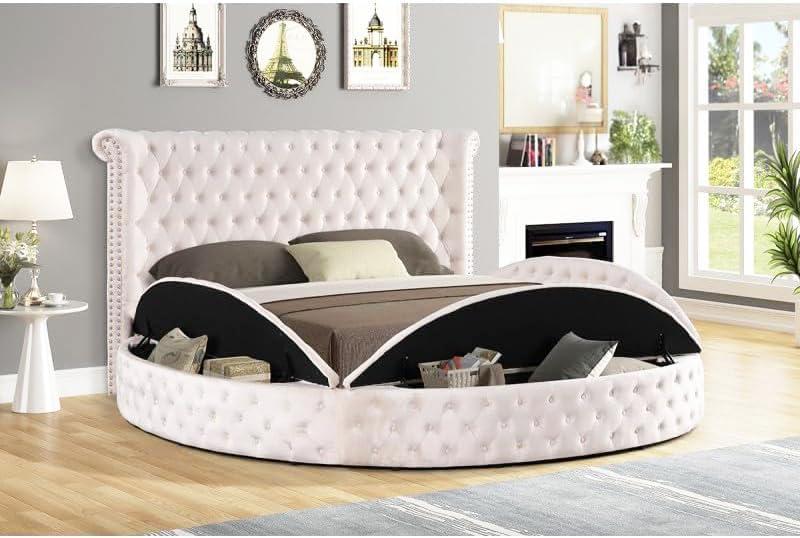 Ivory Velvet Tufted Upholstered King Round Platform Storage Bed