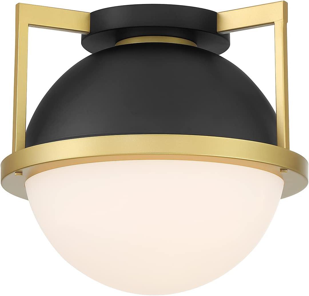 Matte Black and Warm Brass Globe Ceiling Light with Opal Glass Shade