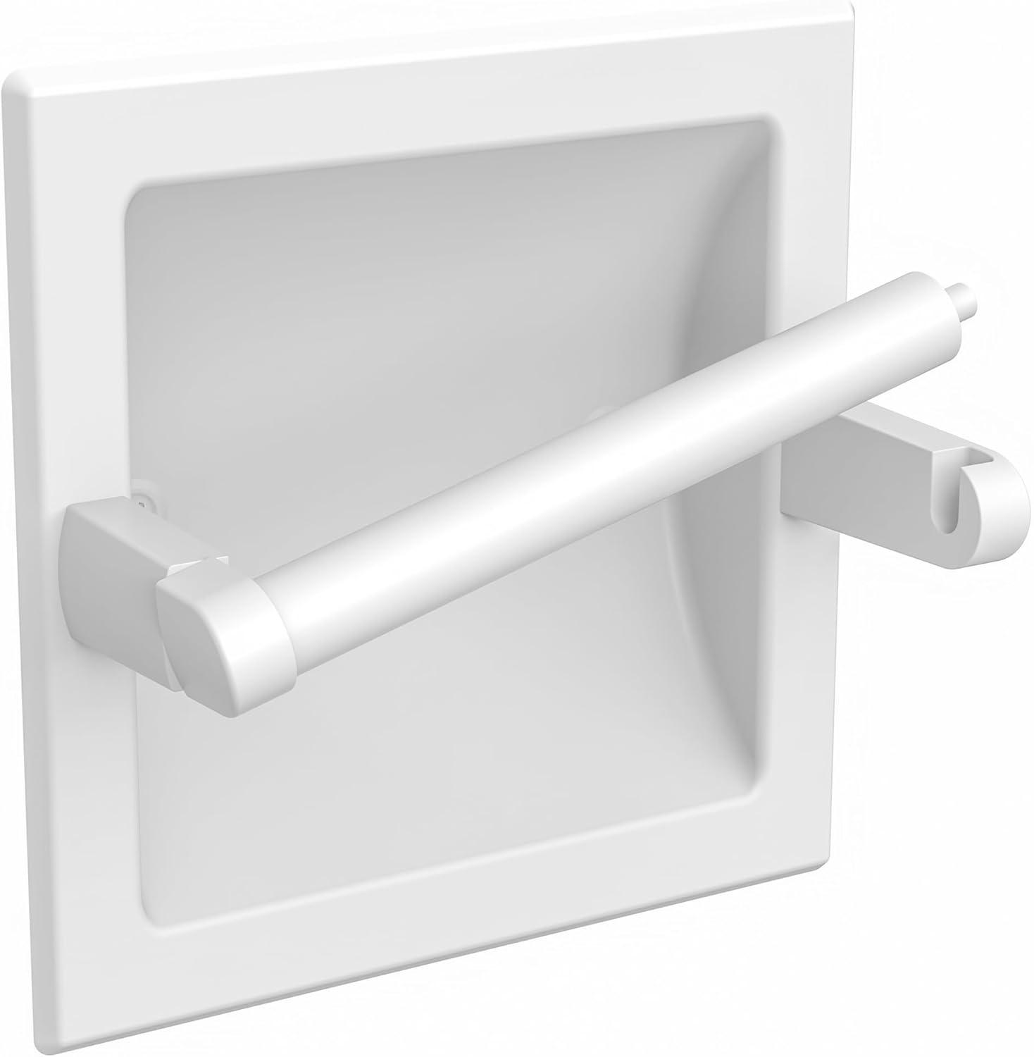 White Toilet Paper Holder Wall Mount, Bathroom Toilet Paper Holder White includes Rear Mounting Bracket, Recessed Toilet Paper Holder Spring Rod, White Toilet Paper Roll Holder