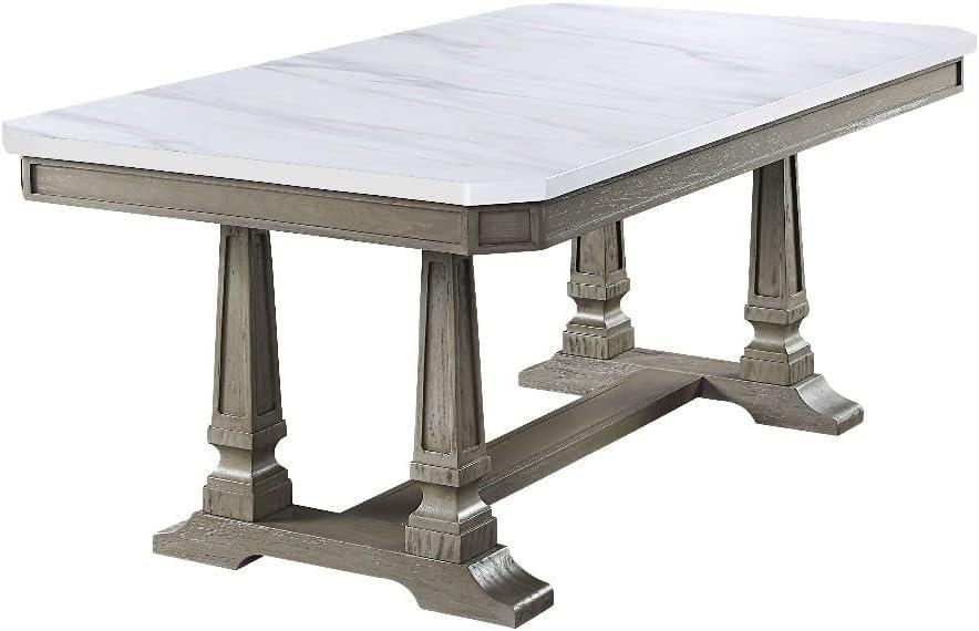 Elegant Transitional Marble-Top Extendable Dining Table in Weathered Oak