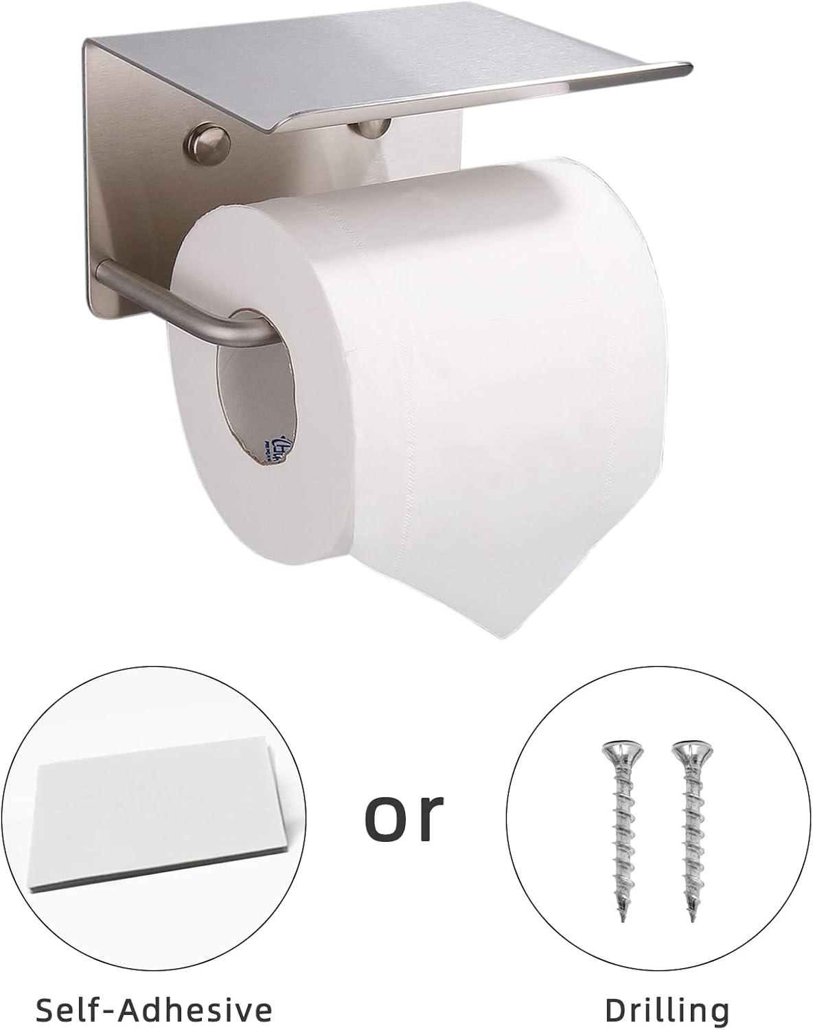 Silver Stainless Steel Toilet Paper Holder with Phone Shelf