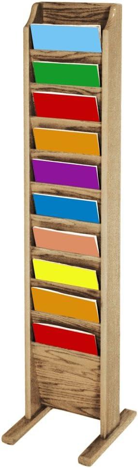 Medium Oak Freestanding 10-Pocket Magazine Rack