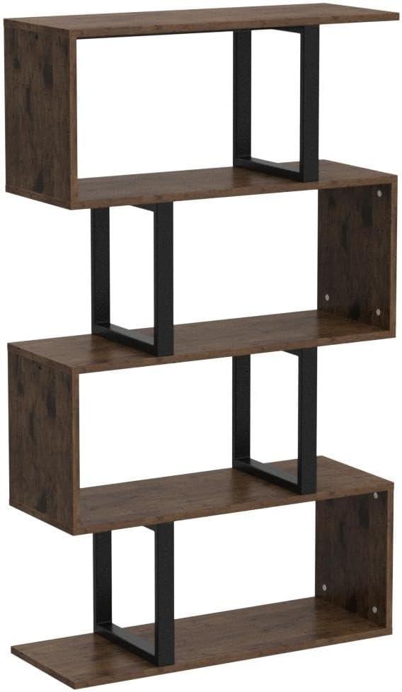 Retro Brown S-Shaped 5-Tier Particle Board and Metal Bookshelf