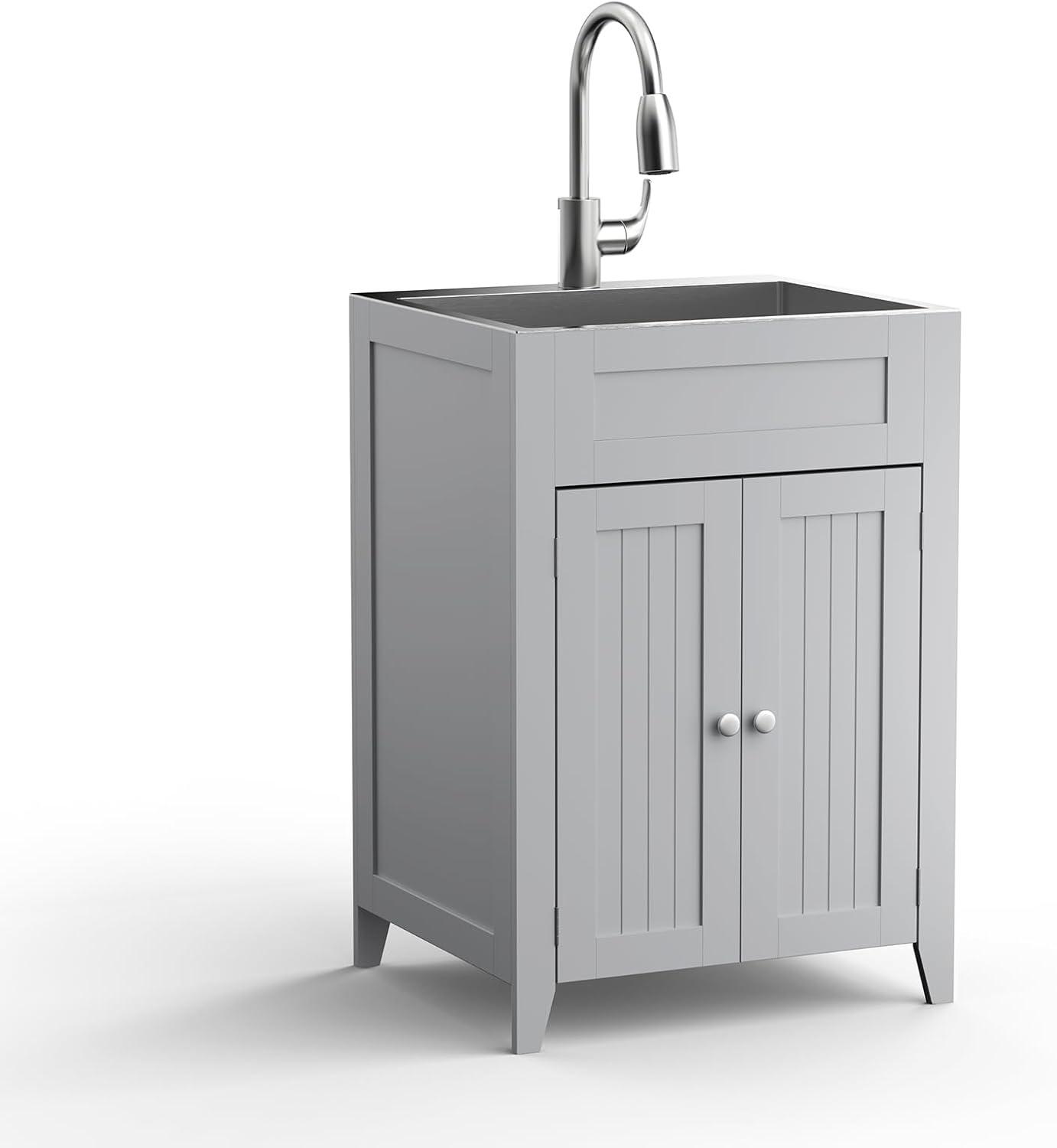 Ktaxon Laundry Cabinet with Sink, Utility Sink Grey Vanity, Stainless Steel Sink Faucet Combo, with Drawer