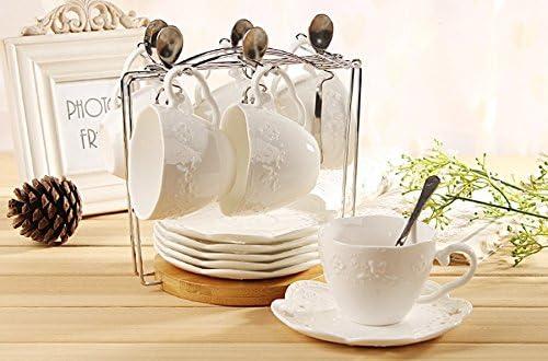 Jusalpha® White Porcelain 5OZ- Tea Cup and Saucer Coffee Cup Set with Saucer and Spoon, Set of 6 (6 Tea Cup Set With Bracket)
