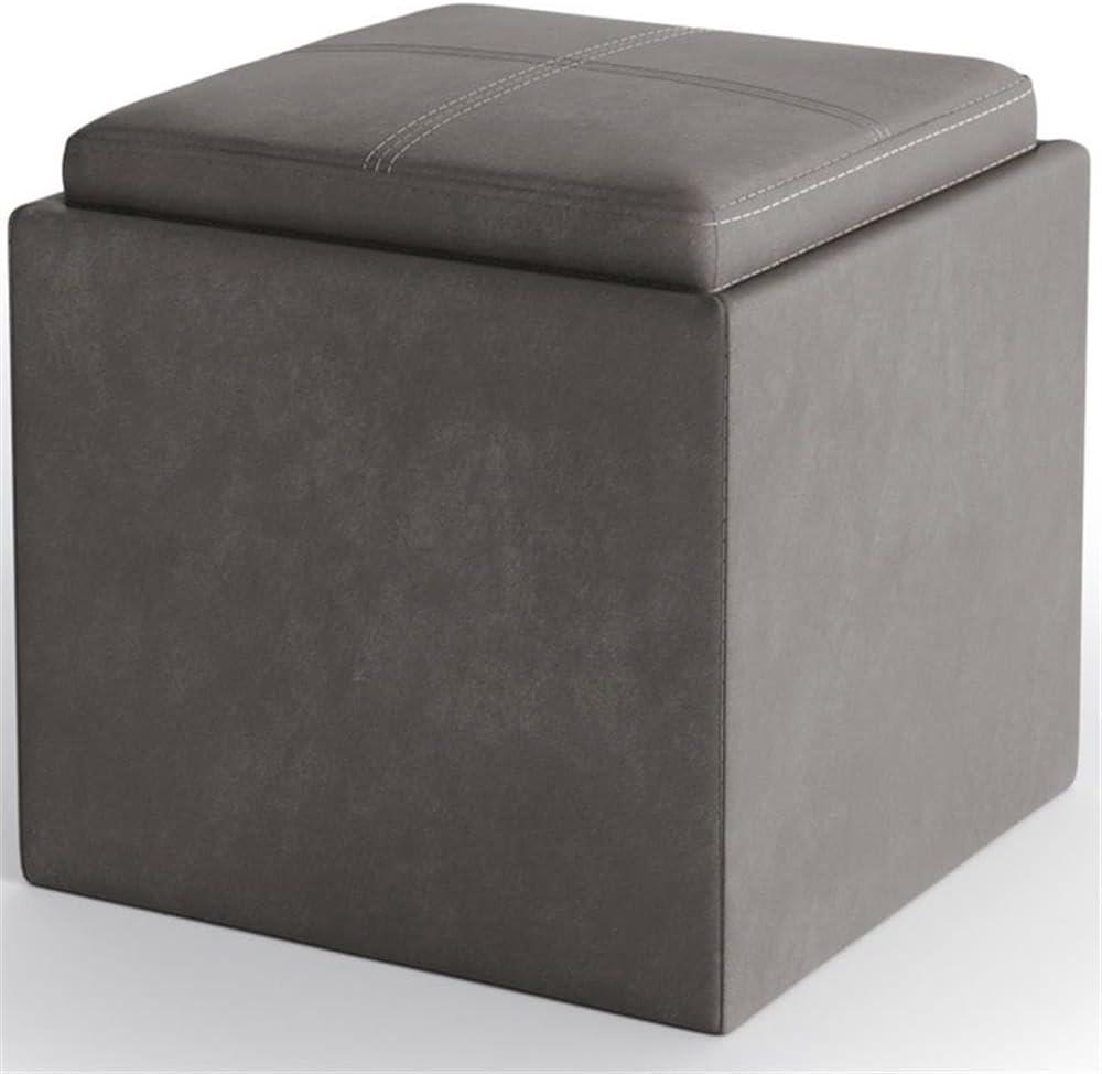 Simpli Home Rockwood Square Faux Leather Storage Ottoman With Tray in Slate Gray