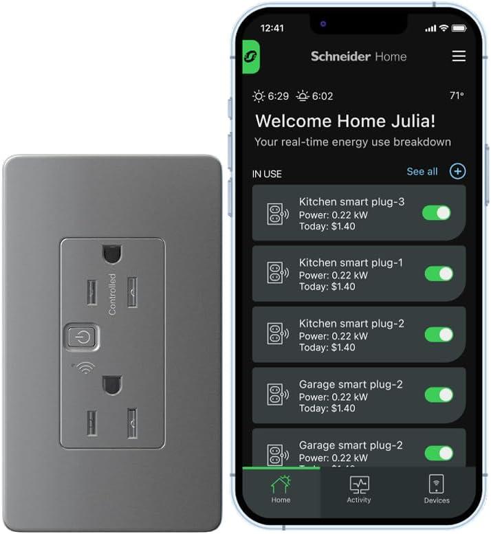 Square D by Schneider Electric X Series 15A 125V Wi-Fi Energy Monitoring Socket Outlet, Tamper Resistant, Needs Neutral Wire, Matter Certified, Compatible with Alexa, Google Home, Apple Home, Grey