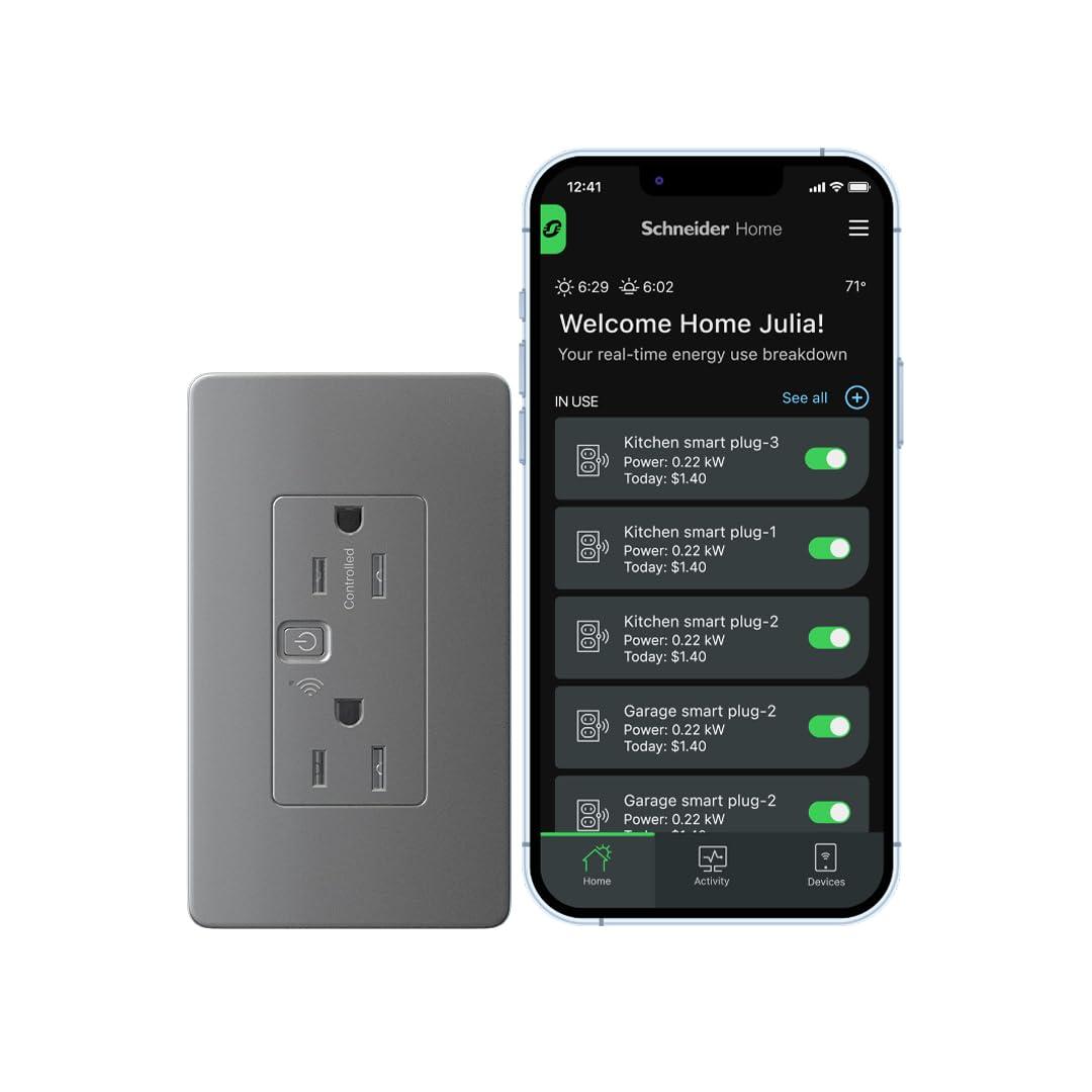 Square D by Schneider Electric X Series 15A 125V Wi-Fi Energy Monitoring Socket Outlet, Tamper Resistant, Needs Neutral Wire, Matter Certified, Compatible with Alexa, Google Home, Apple Home, Grey
