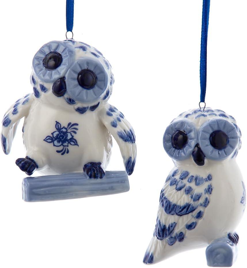 Blue and White Porcelain Owl Christmas Ornament Set