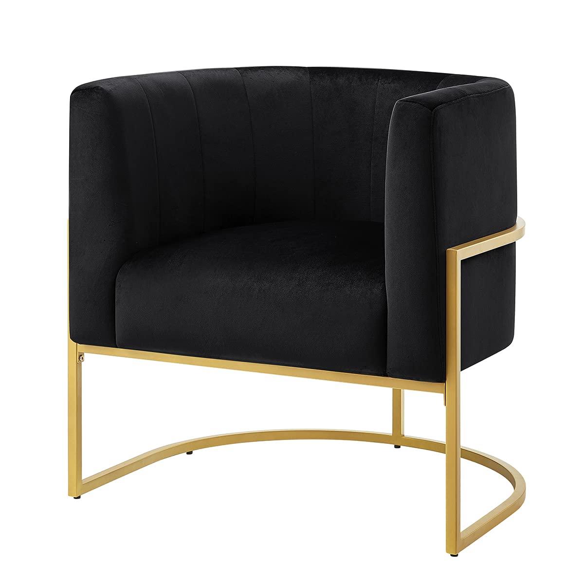 KOSSMAI Upholstered Velvet Accent Barrel Chair with Golden Metal Legs for Living Room Bedroom Office Lounge Chair, Mid-Century Modern Style Armchair (Black)