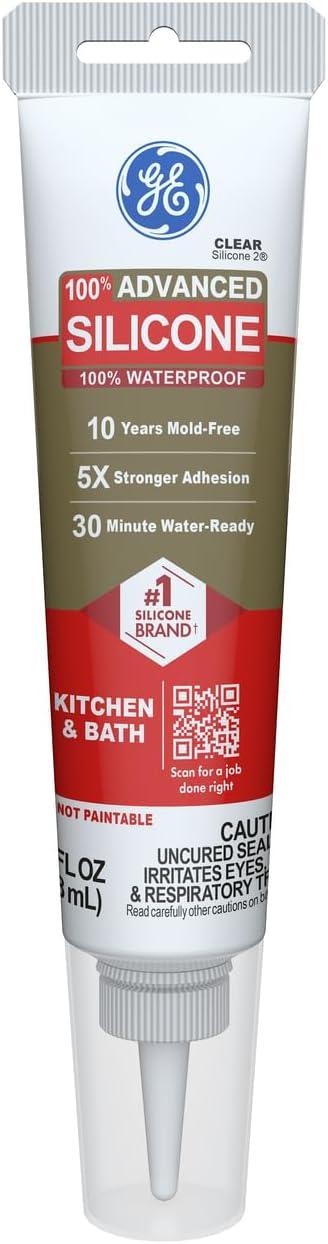 GE Advanced Silicone Kitchen & Bath Sealant, Pack of 1, Clear 2.8 fl oz Tube