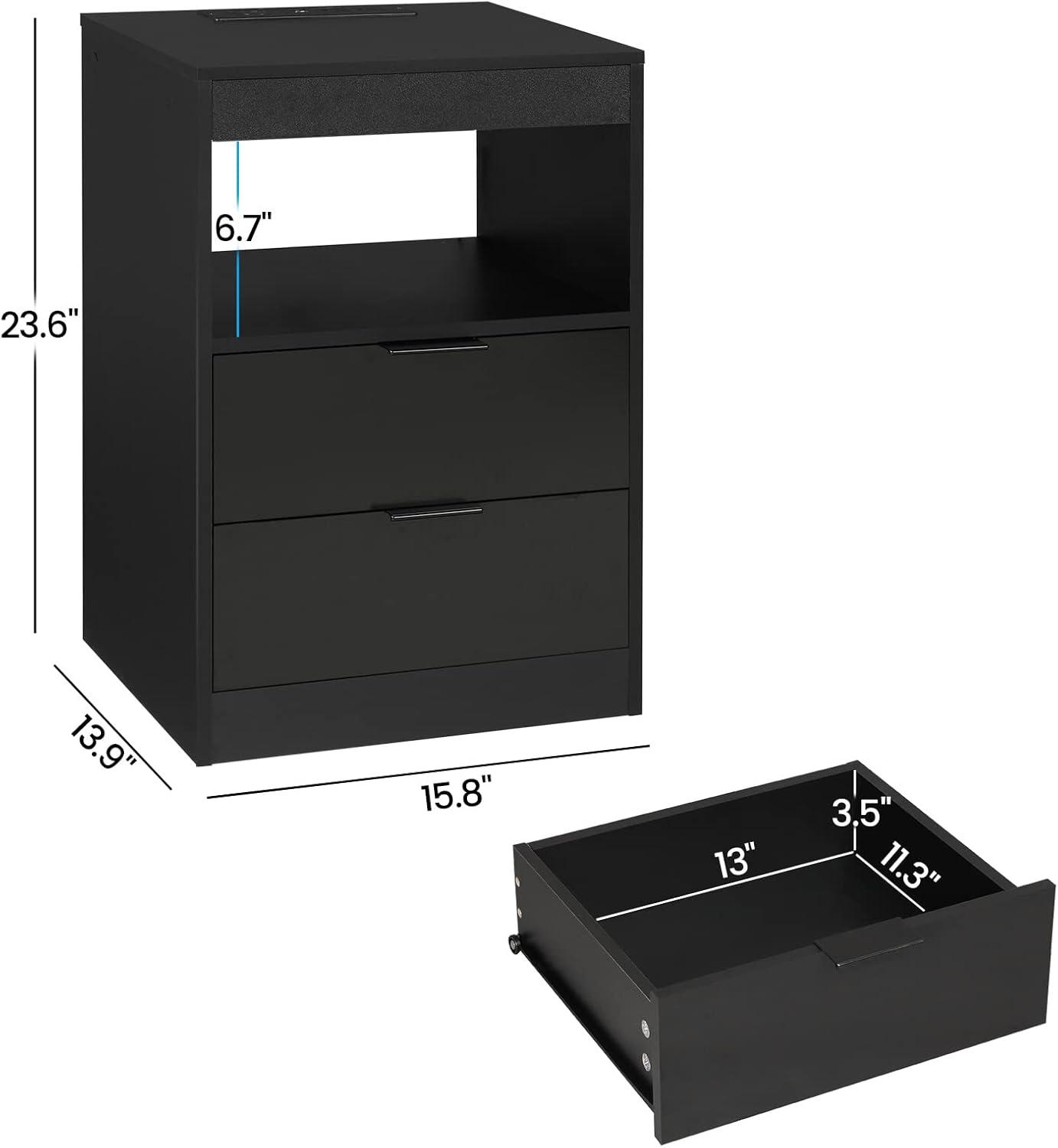 Exlonjet Black Nightstand with Wireless Charging Station and LED Lights, Bedside Table with 2 Drawers, Open Storage, 1 Pull-Out Tray, End Side Table with Charging Station, LED Night Stand with Storage