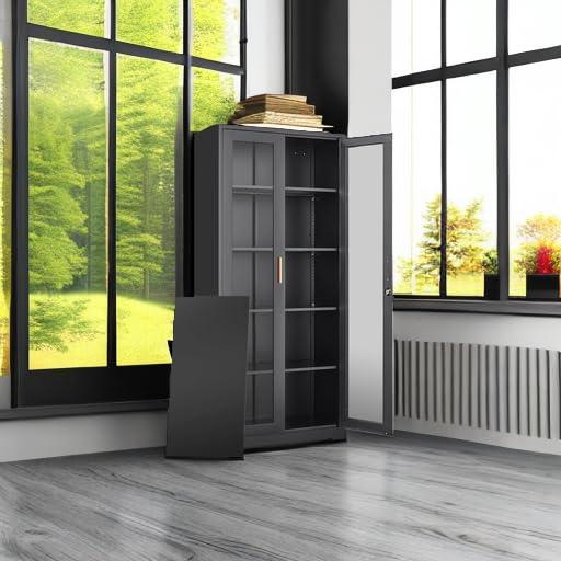 Display Cabinet With Glass Doors, Curio Cabinets With 4 Adjustable Shelves, Locking Glass Cabinet Display Case For Home, Office, Clinic, Pantry, Assemble Required