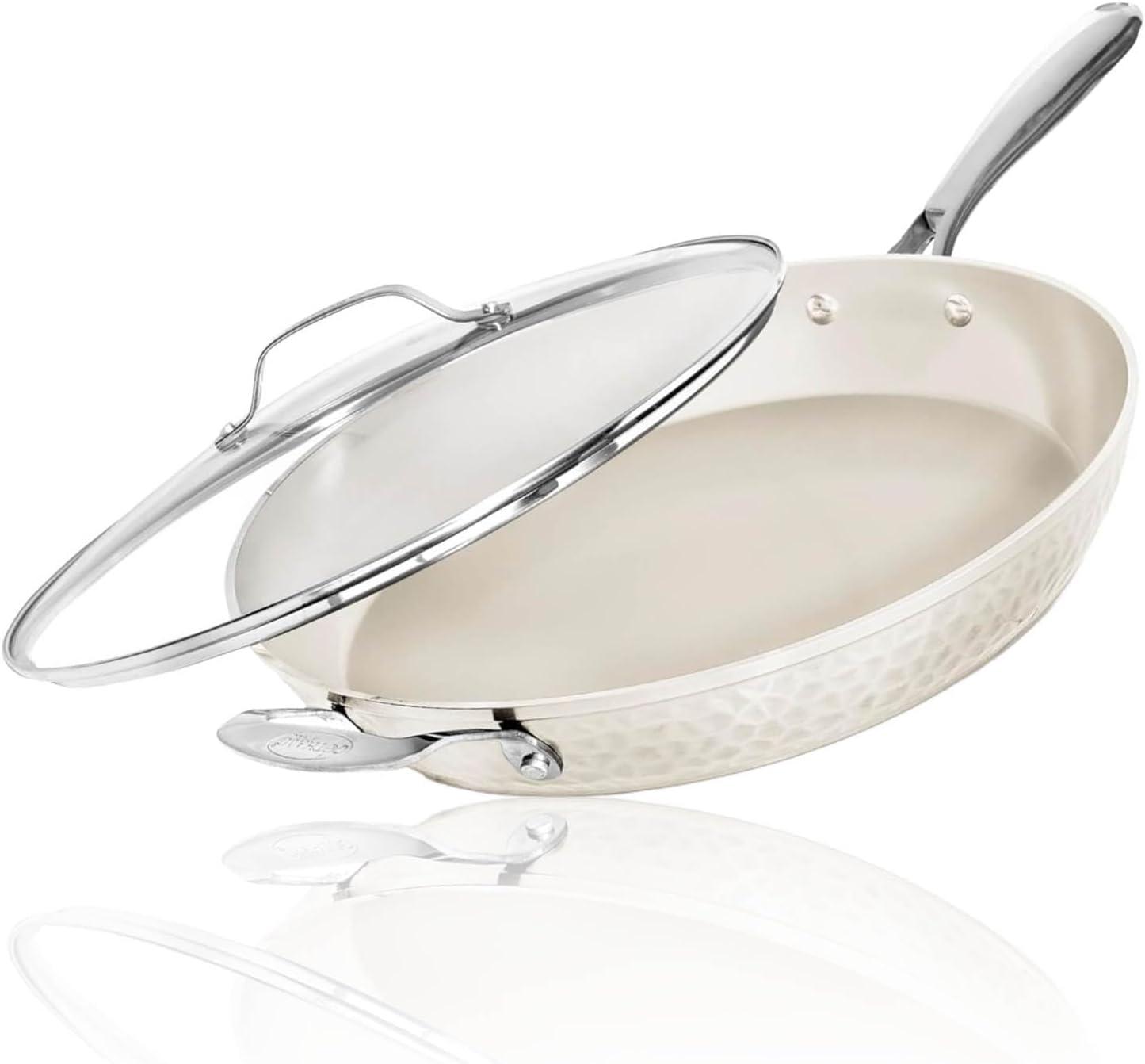 Gotham Steel Gotham Steel Hammered Cream Ultra Ceramic Nonstick Fry Pan with Lid