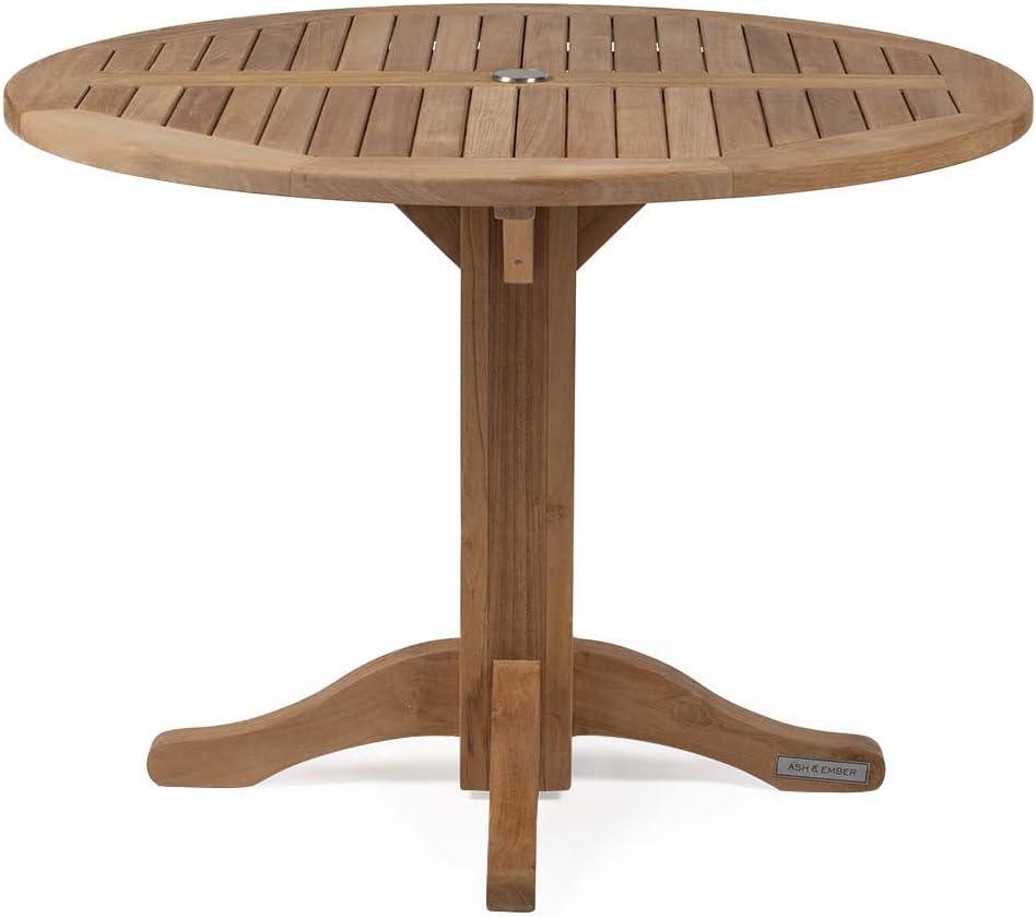 Ash & Ember Grade A Teak 42" Round Dining Table, Weather-Resistant Indoor Outdoor Bistro-Style Solid Wood Patio Furniture, Slatted Surface with Umbrella Hole, Fits 4 People Comfortably