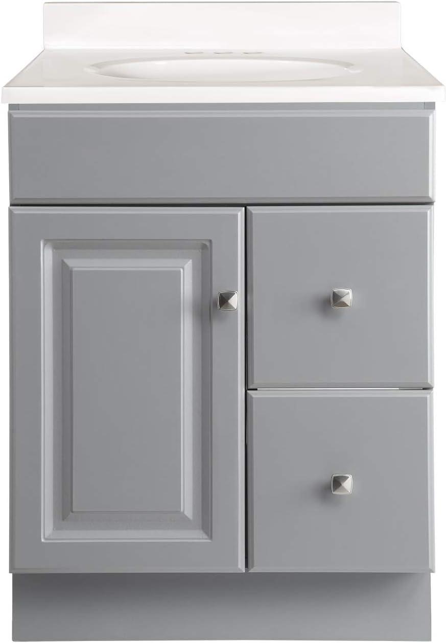 Design House 584698 Wyndham 1-Door 2-Drawer Bathroom Vanity with Cultured Marble 4 in. Centerset White on White Top, Unassembled, 25x19, Gray