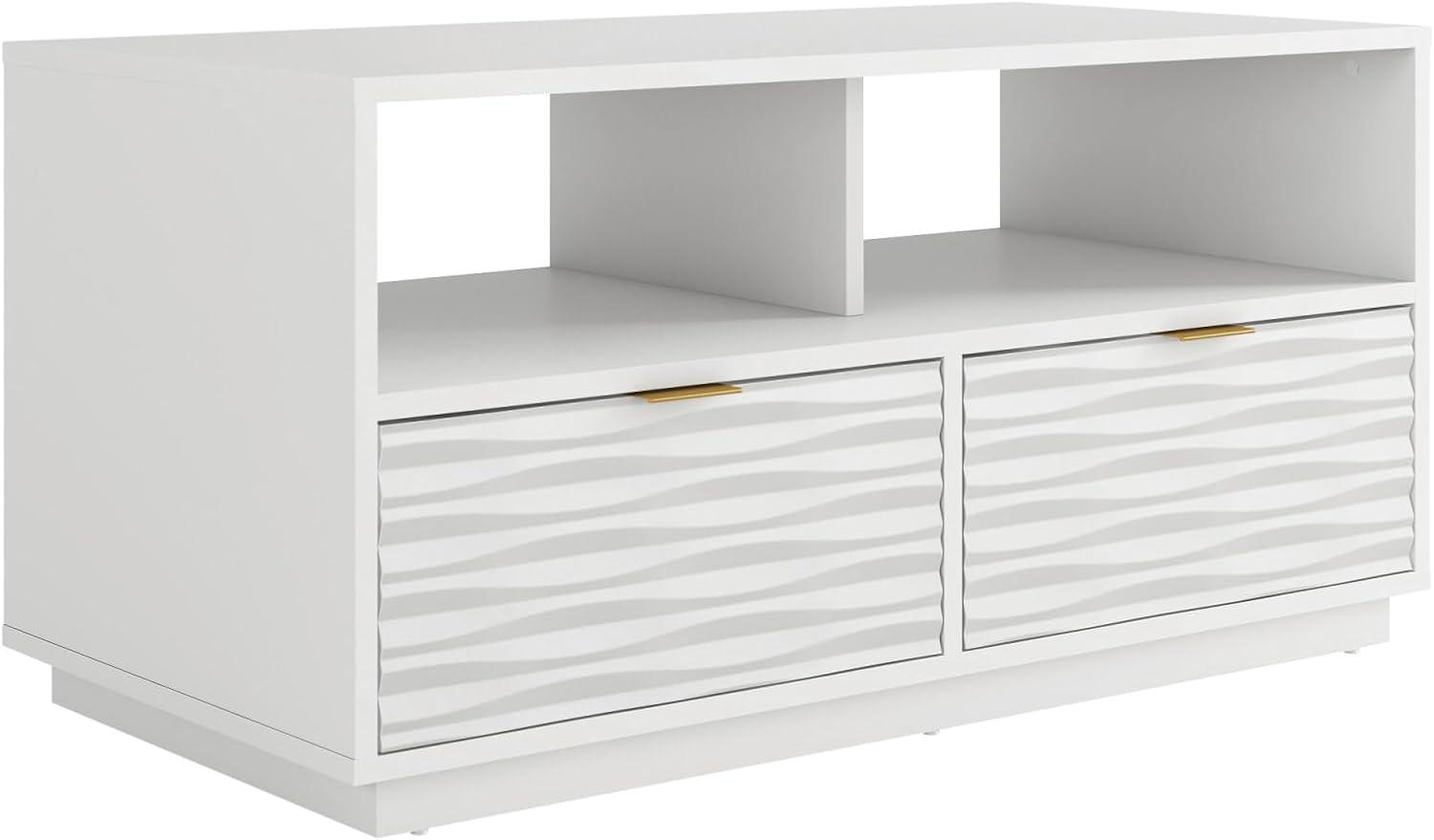 White Modern TV Stand with Drawers and Open Storage