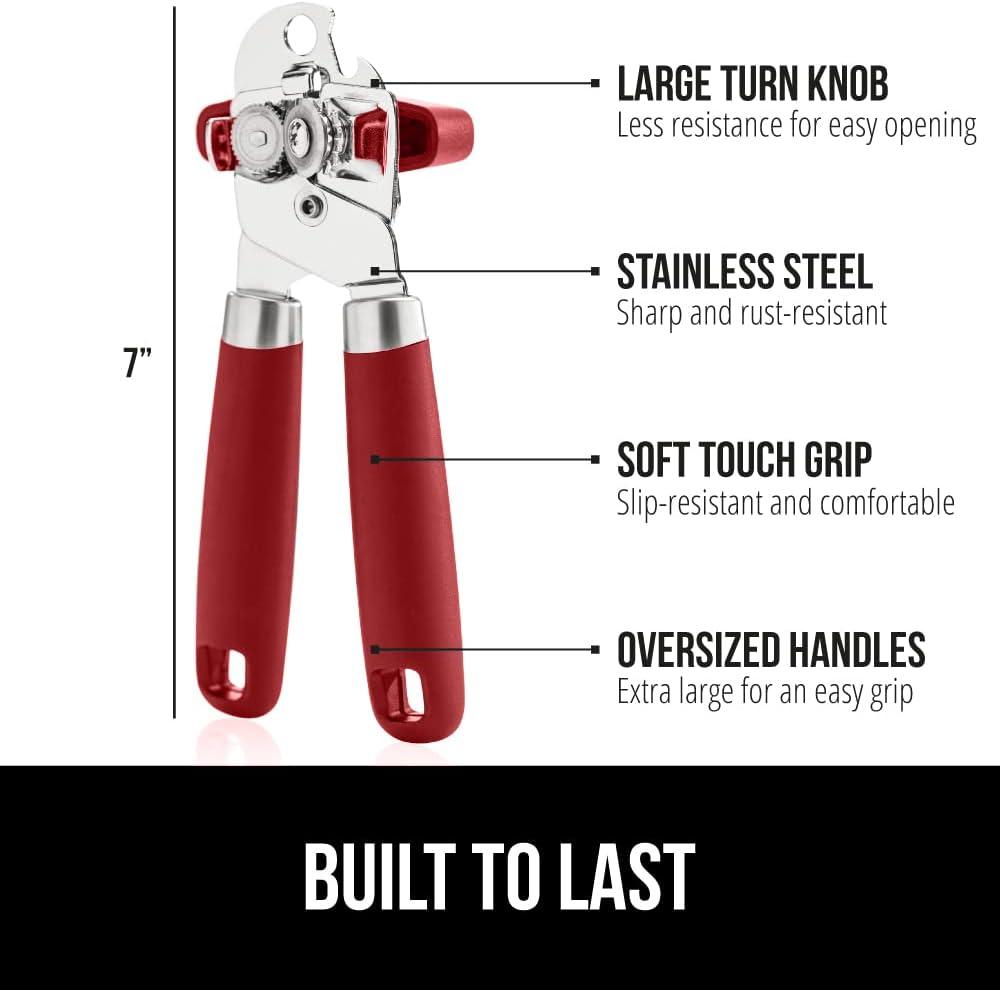 Gorilla Grip Stainless Steel Manual Can Opener, Soft Touch Handle, Built-In Bottle Opener, Red