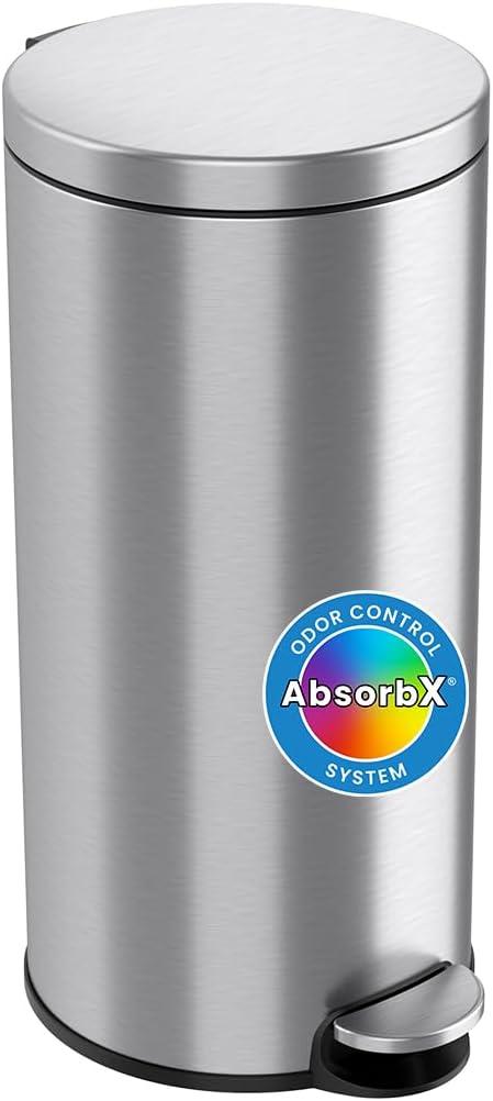 iTouchless Step Pedal Kitchen Trash Can with AbsorbX Odor Filter and Removable Inner Bucket 8 Gallon Round Stainless Steel