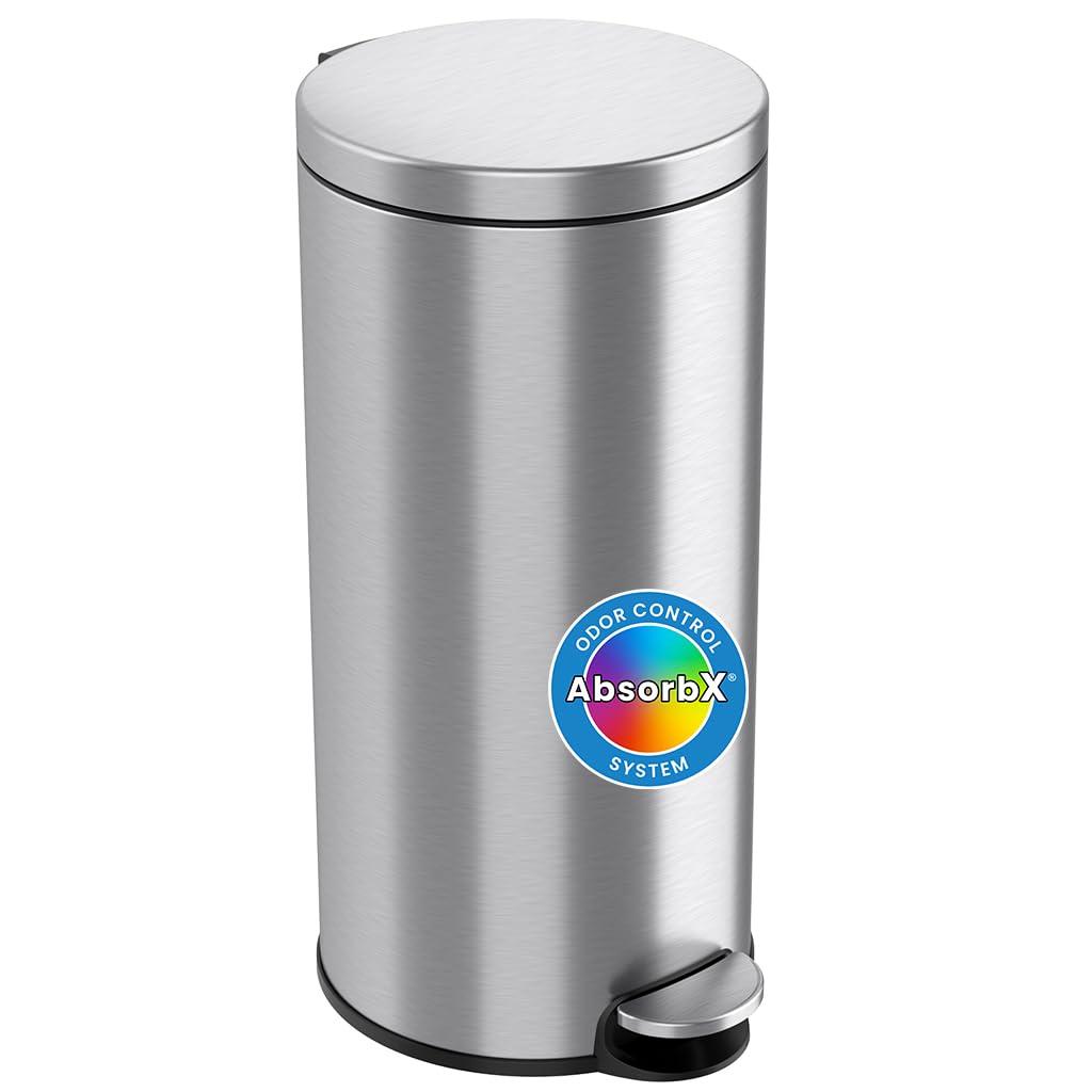 iTouchless Step Pedal Kitchen Trash Can with AbsorbX Odor Filter and Removable Inner Bucket 8 Gallon Round Stainless Steel