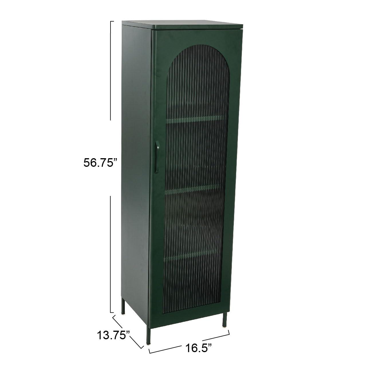 Storied Home Tall Metal Accent Cabinet: Arched Glass, 4 Shelves, Dark Green, 57" H