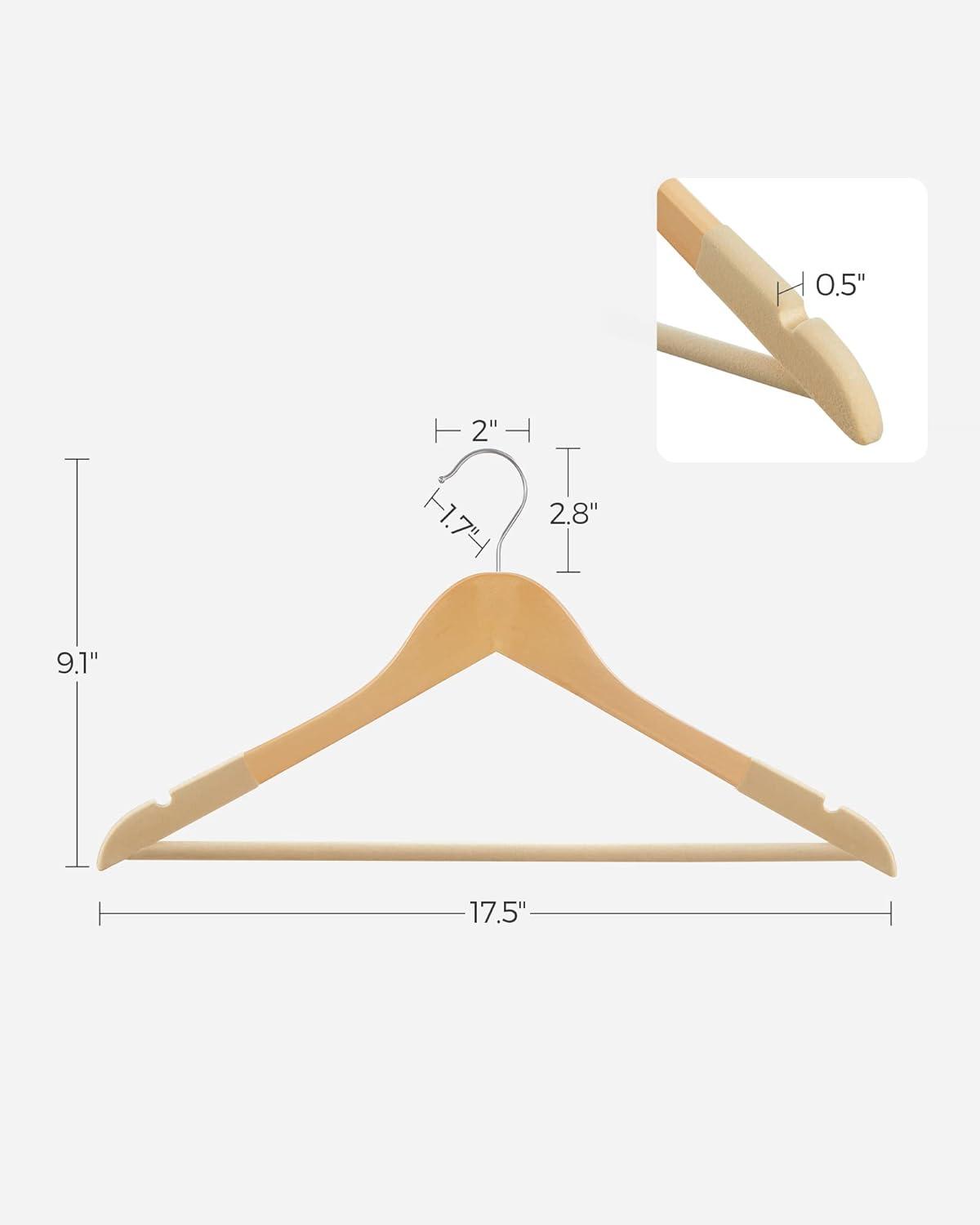 Natural Wooden Hangers with Velvet Surface and Swivel Hook, Set of 20