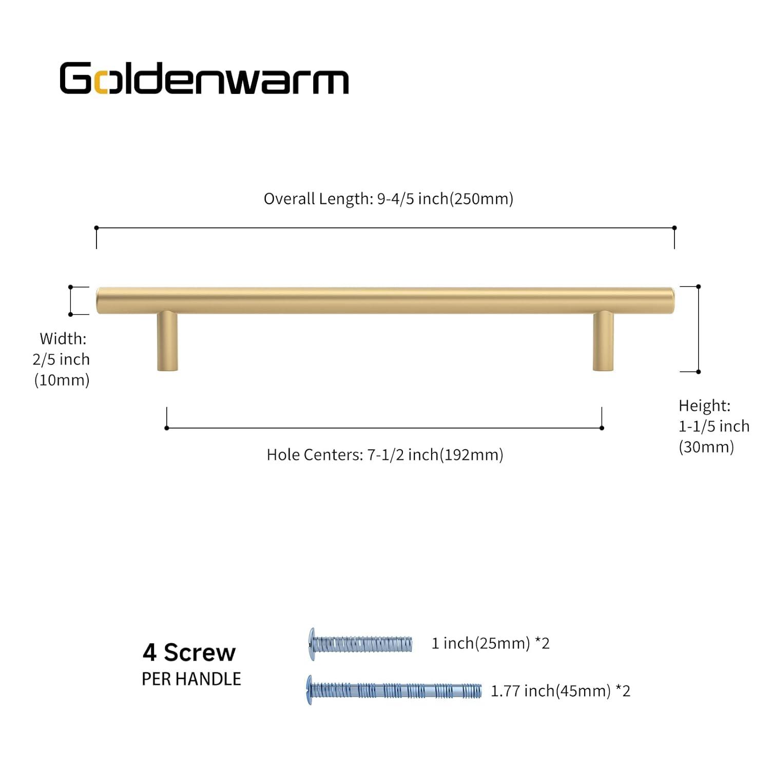 Goldenwarm 10 Pack Gold Cabinet Furniture Pulls Kitchen Hardware Square Door Handles 6-1/4 Inch Hole Centers