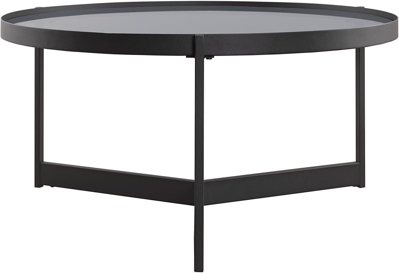 Modern Glass and Metal Round Coffee Table - Smoked Glass / Black