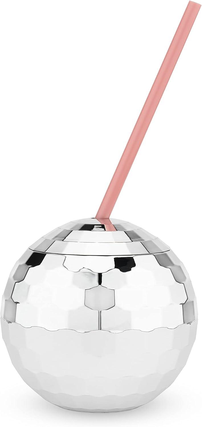 Blush Silver Disco Ball Cup with Straws for Parties - 16 Ounce Cute Sparkly Glitter Cocktail Disco Ball Drink Tumbler, Party Supplies