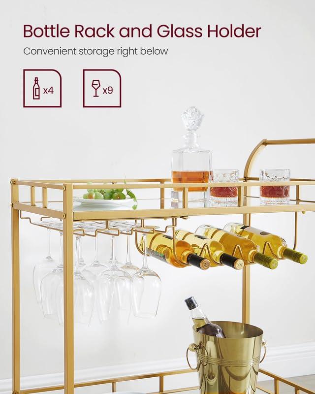 VASAGLE Bar Cart Gold, Home Bar Serving Cart, Wine Cart with 2 Mirrored Shelves, Wine Holders, Glass Holders, for Kitchen, Dining Room, Gold ULRC092A62