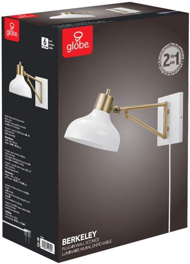 Globe Electric Berkeley 1-Light White and Brass Plug-in or Hardwire Swing Arm Indoor Wall Sconce