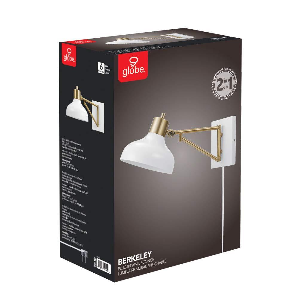 Globe Electric Berkeley 1-Light White and Brass Plug-in or Hardwire Swing Arm Indoor Wall Sconce
