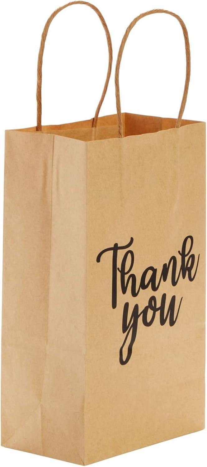 Sparkle and Bash 100-Pack Small Thank You Gift Bags with Handles, Brown Kraft Paper Material Bag Bulk for Wedding Birthday Favor, 9x5.3x3.15 in