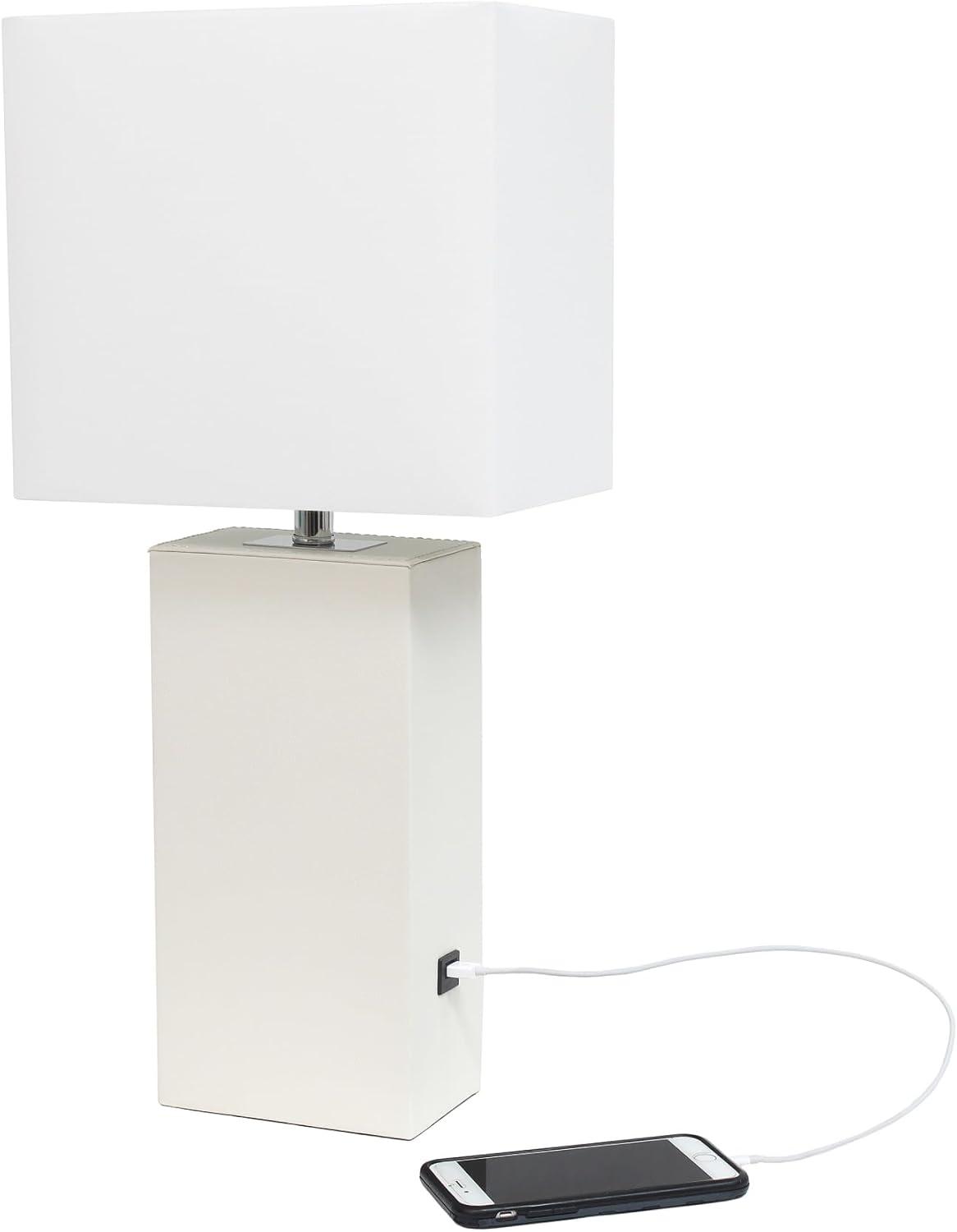 21" Lexington Leather Base Modern Home Decor Bedside Table Lamp with USB Charging Port and Fabric Shade - Lalia Home