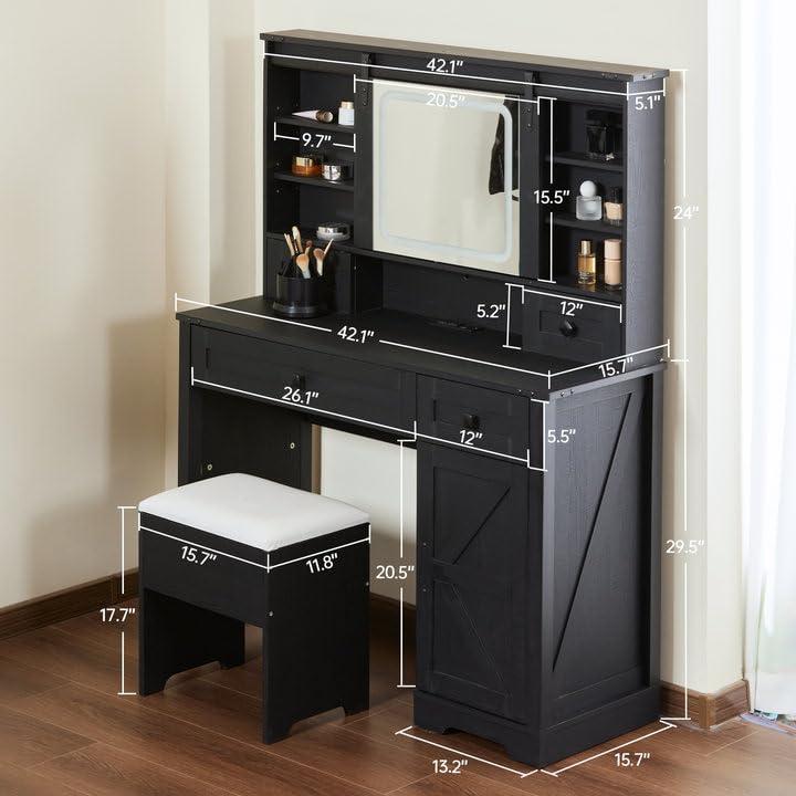 Farmhouse 42'' Makeup Vanity Desk with lighted Sliding Mirror,Tabletop Dresser,2 Drawers & Shelves, Stool Included. Black