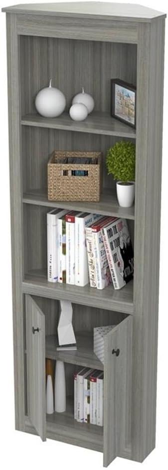 70.02" Corner Bookshelf Gray - Inval: Modern Smoke Oak, 3 Shelves, Double Door Storage