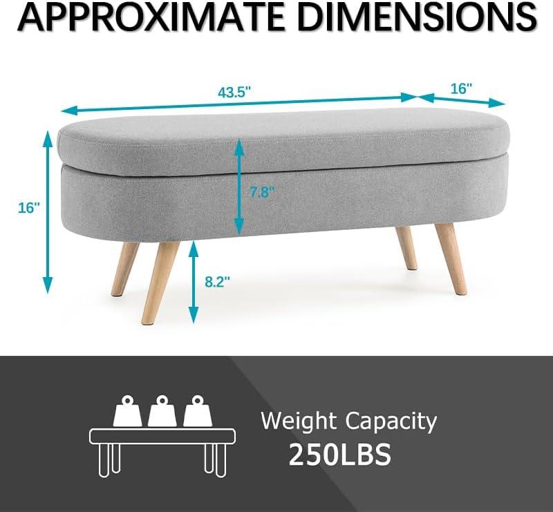 Sumdeal 43.5" Storage Ottoman Bench with 250lb Seating, Linen Upholstered Wood Legs Safety Hinge Flip Top Oval Foot Rest Long Stool for Sofa Couch Bedroom End of Bed Living Room Entryway, Grey