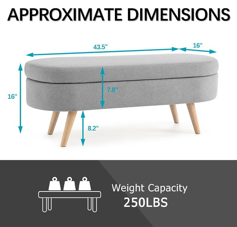 Sumdeal 43.5" Storage Ottoman Bench with 250lb Seating, Linen Upholstered Wood Legs Safety Hinge Flip Top Oval Foot Rest Long Stool for Sofa Couch Bedroom End of Bed Living Room Entryway, Grey