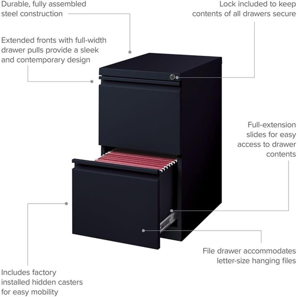 20" Deep 2-Drawer Pedestal File Cabinet - Hirsh: Steel, Black, Roll File, Narrow, No Assembly, GreenGuard Certified