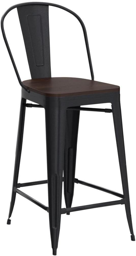 Black Metal Swivel Bar Stools with Wooden Seat, Set of 4