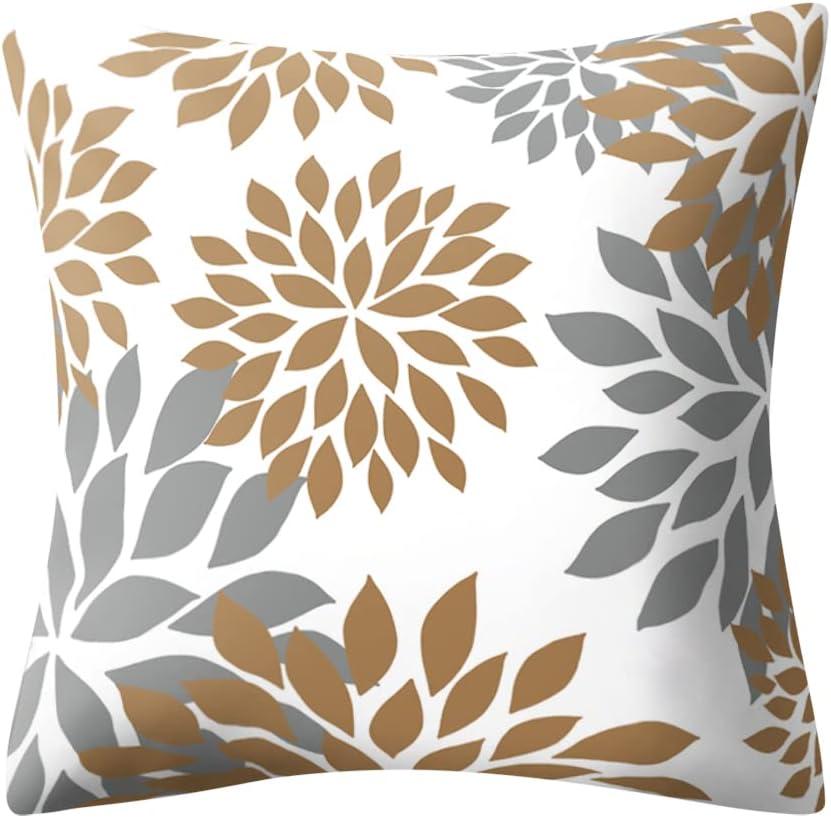 Set of 4 Geometric and Floral Linen Blend Pillow Covers, 18x18 Inch, Brown and Grey