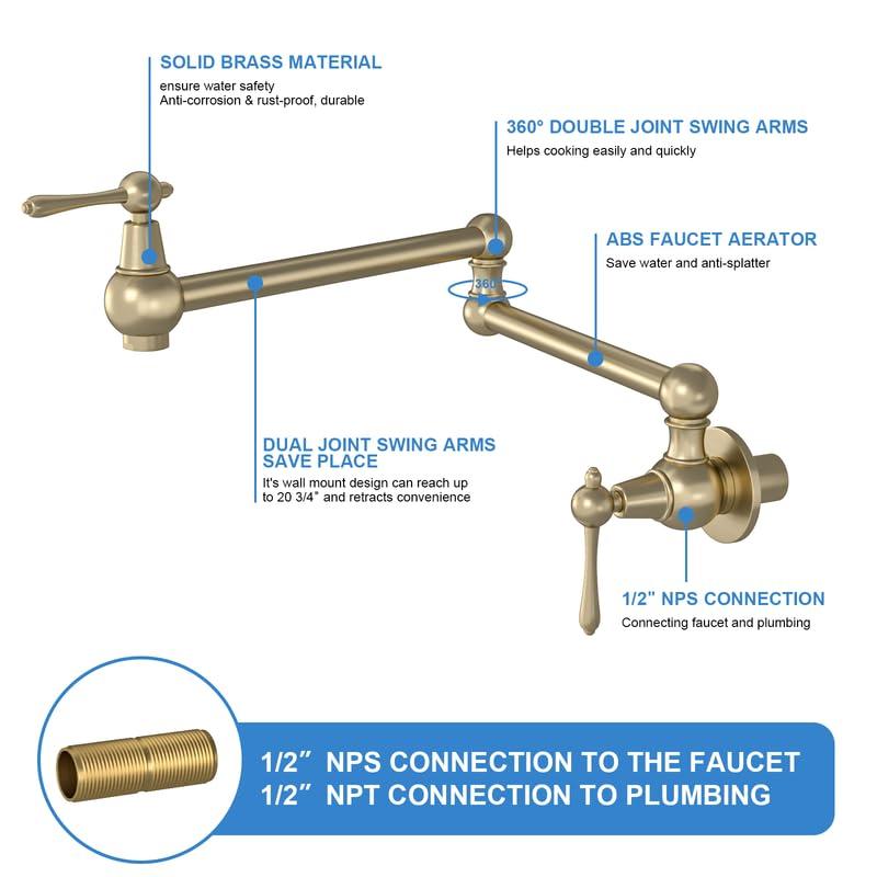 Pot Filler Faucet, Solid Brass Brushed Gold Single Cold Kitchen Faucet Wall Mounted Kitchen Pot Filler Faucet Double Joint Swing Arm Faucet