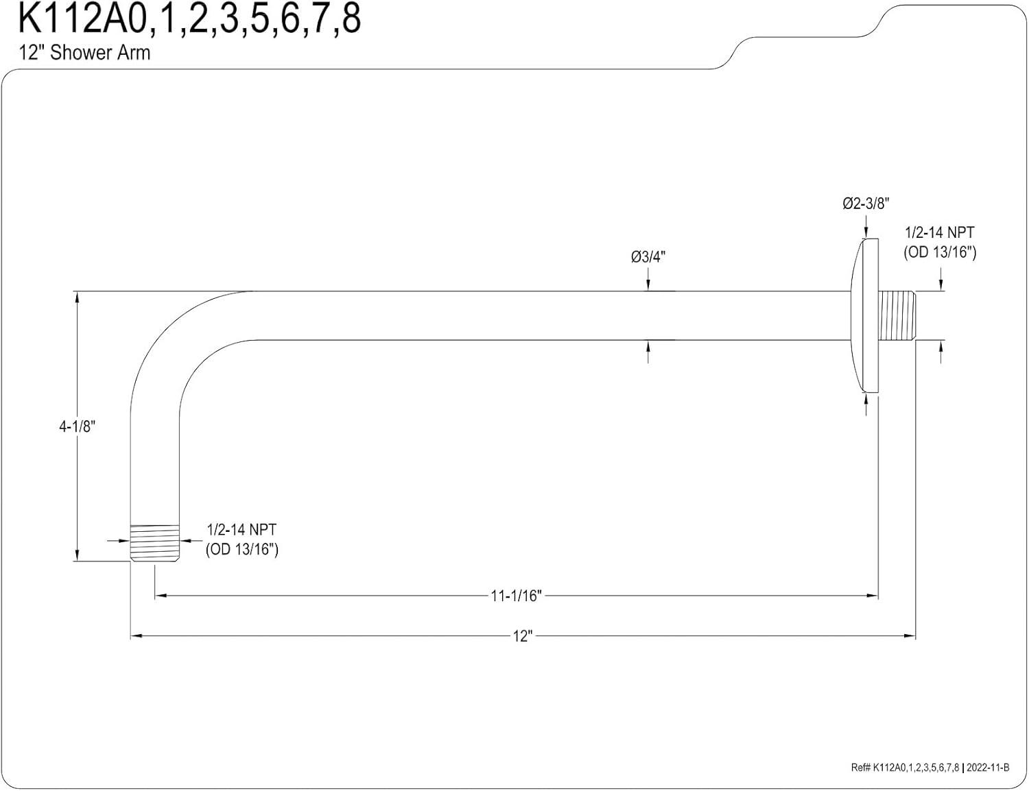 Kingston Brass Claremont 12-Inch J-Shaped Rain Drop Shower Arm with Round Flange