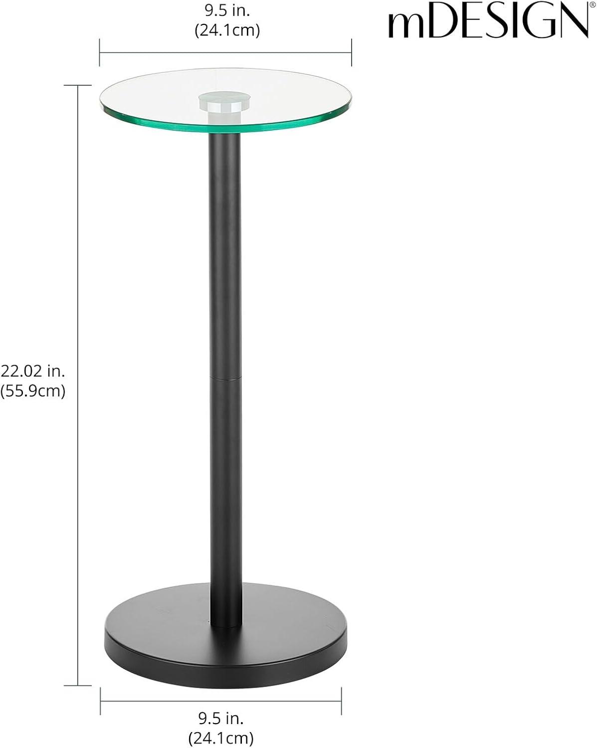 mDesign Metal and Glass Top Round Accent Side/End Drink Table, Clear/Matte Black