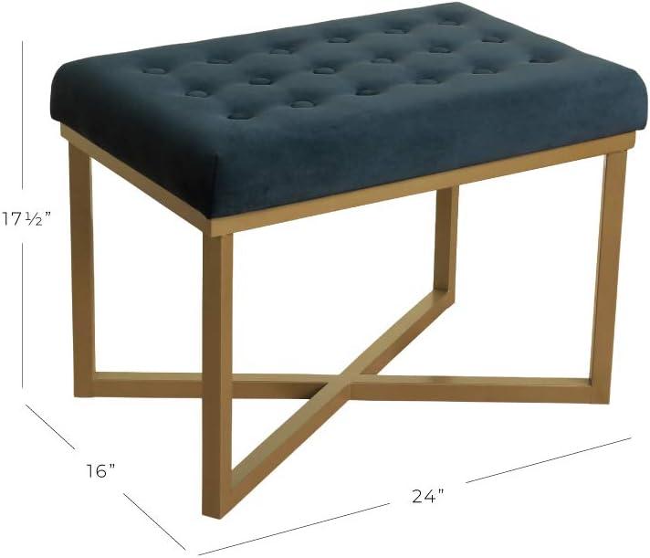 Blue Tufted Velvet Ottoman Bench with Gold Metal Base