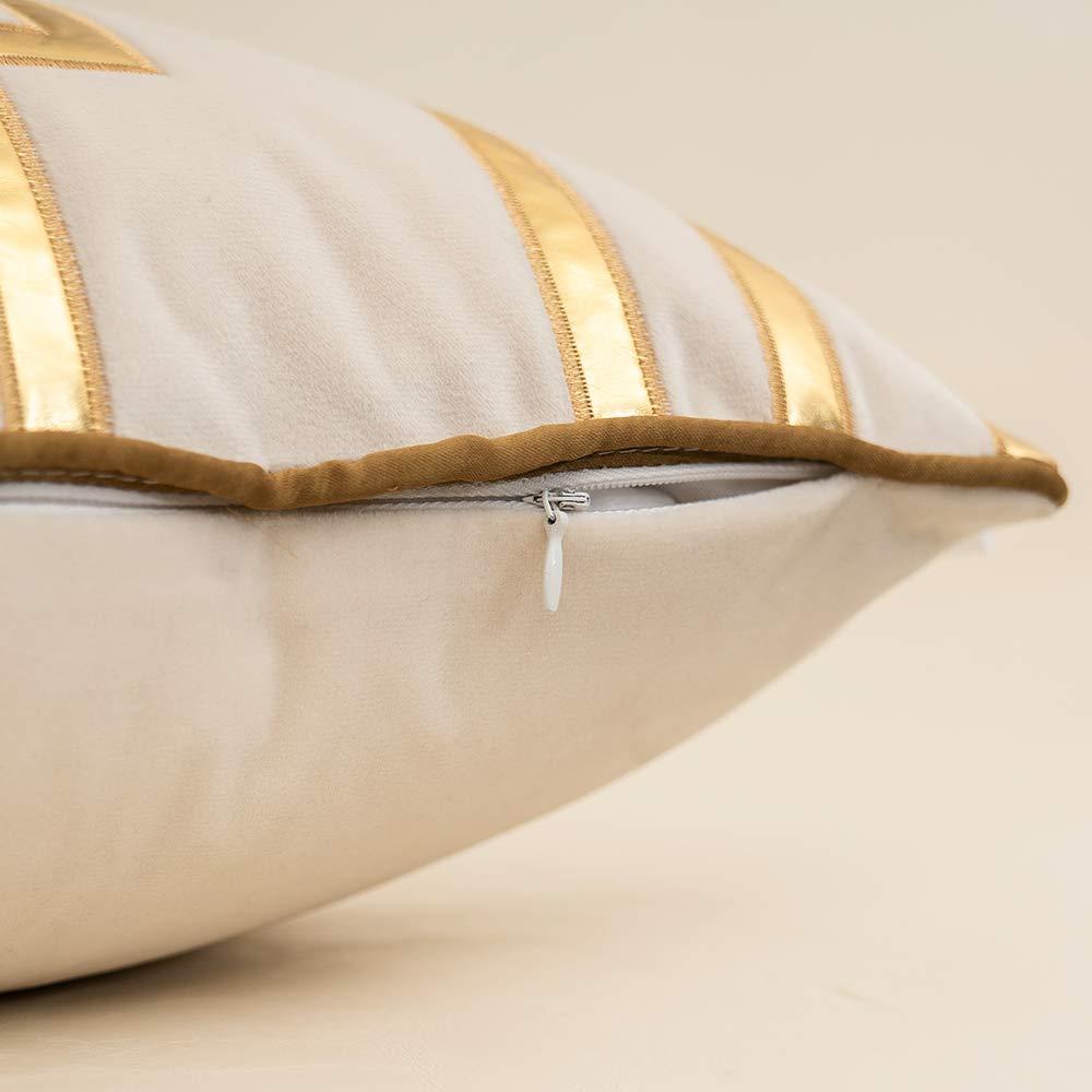 White Geometric Gold Leather Striped Throw Pillow Covers 18" x 18", Luxury European Cushion Cases Decorative Pillows for Couch Living Room Bedroom 40 x 40cm