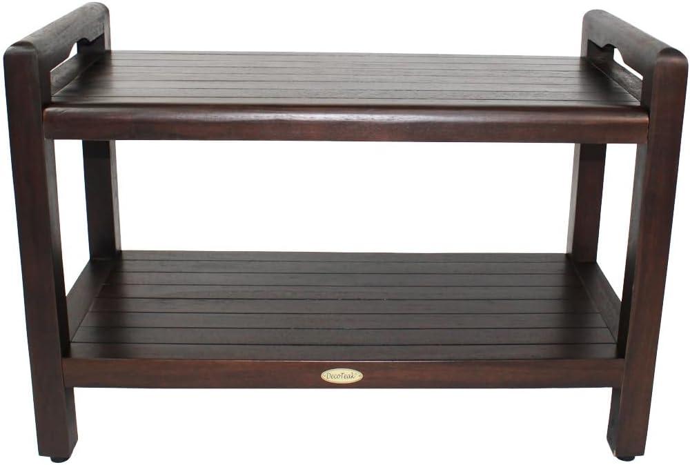 DecoTeak Eleganto 29 Inch Brown LiftAide Arms Waterproof Teak Wood Shower Bench Stool Seat Chair for Inside Shower Storage Shelf Provides Safety, Storage, and Organization for Bathroom Accessories